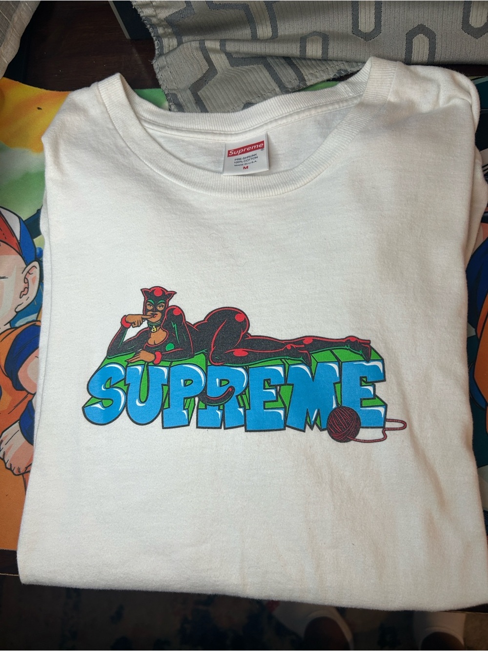 Supreme White Tee with Blue & Green Bubble Logo Cat Woman tee 🐈⬛